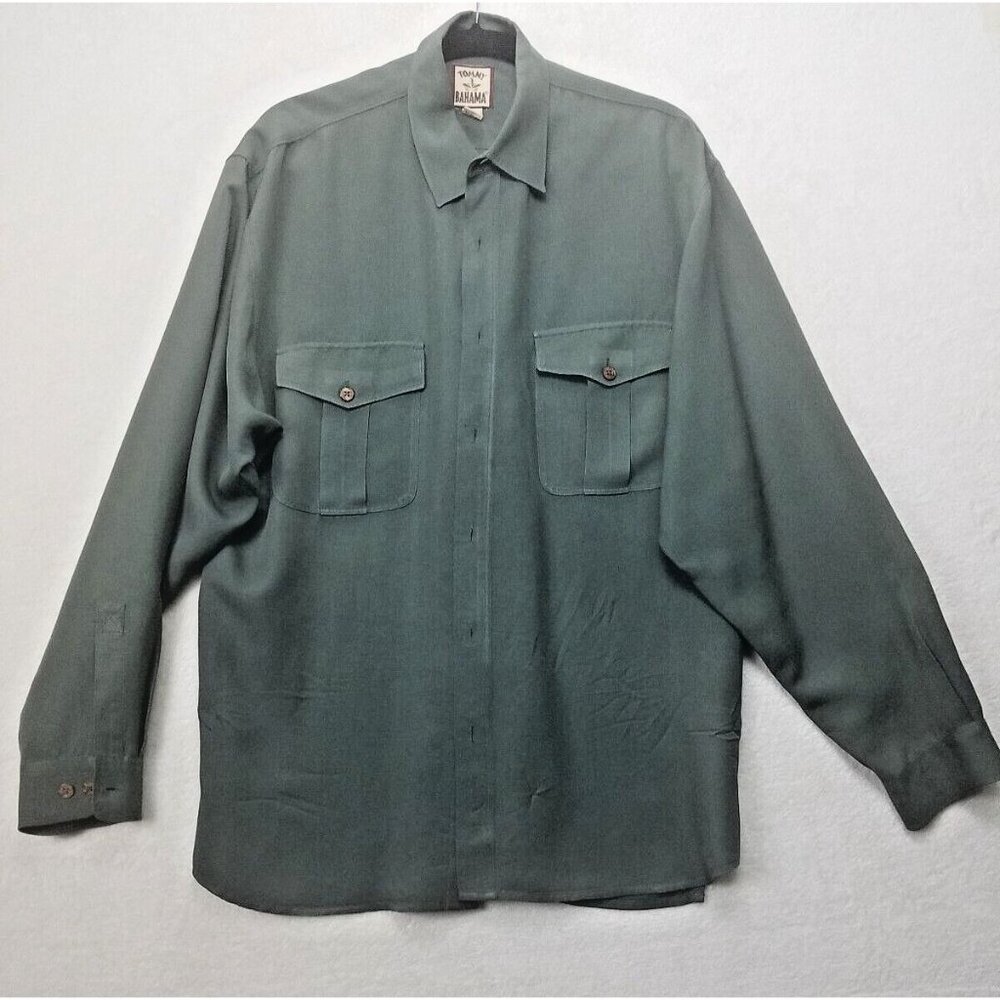Tommy‎ Bahama Shirt Men's L Olive Green 100% Silk Button Up Long Sleeve pocketed